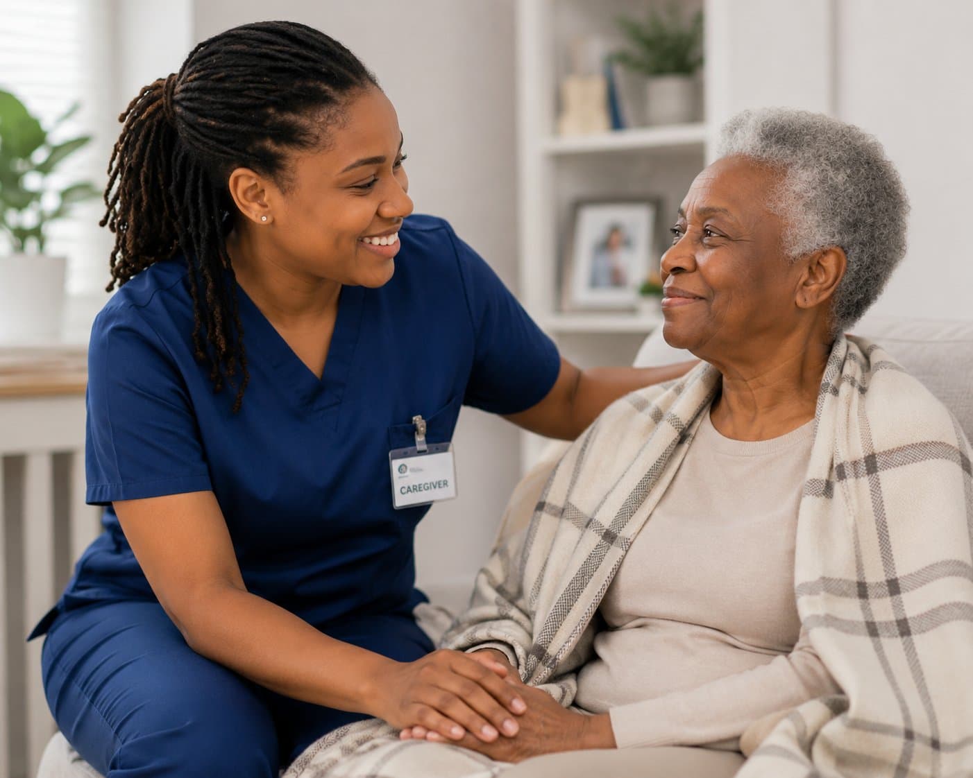 Caregiver walking arm-in-arm with a client outdoors